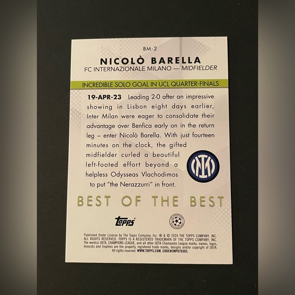 Topps 2023-24 UEFA European Nights and Best of the Best Nicolò Barella Cards - Picture 6 of 9
